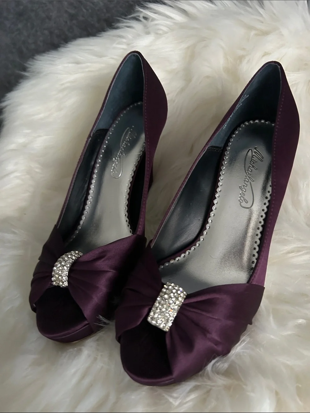 Michaelangelo Plum Satin Peep-Toe Heels with Crystal Bow